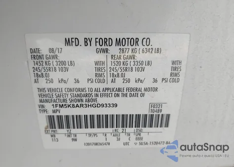 2017 Ford Explorer z USA, uszkodzony, nr VIN 1FM5K8AR3HGD93339